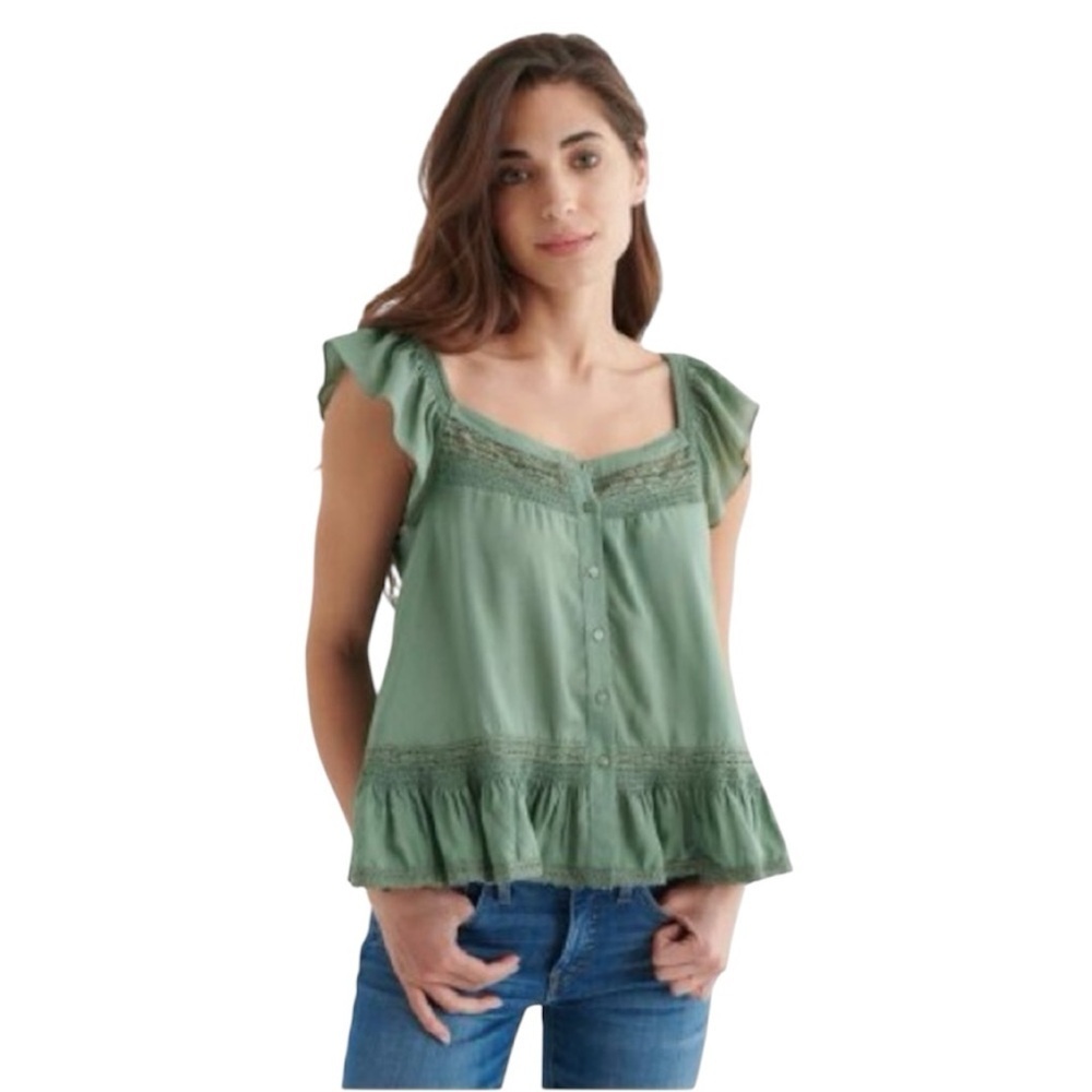 🆕 LUCKY BRAND SQUARE NECK PEPLUM TOP Olive Button-Down Blouse Size XS